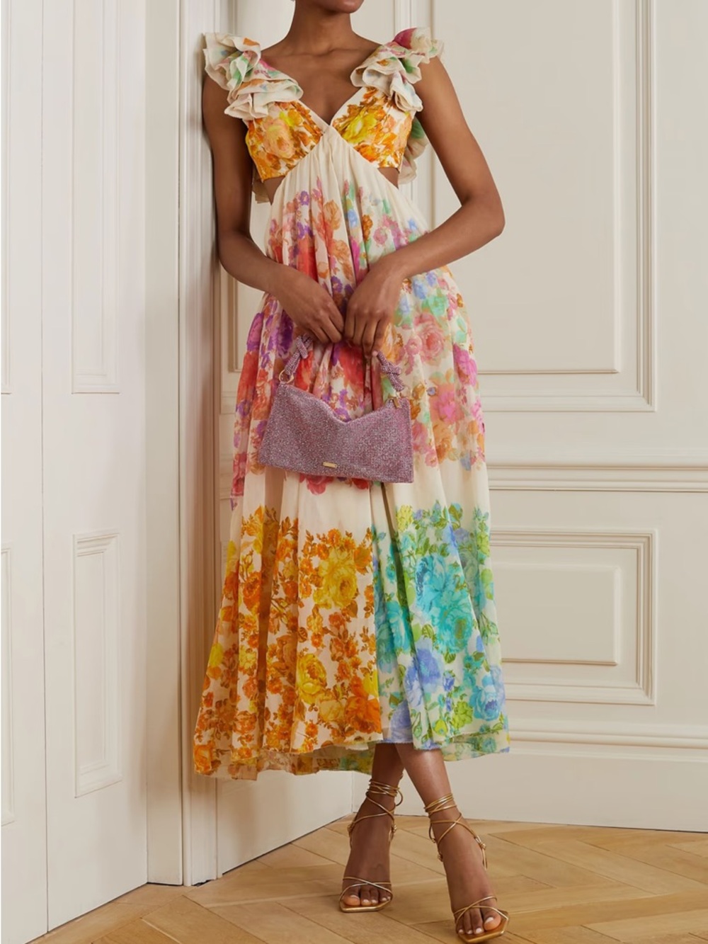 Zimmermann Cream Floral Ruffle Midi Dress with Multicolor Blooms - Picture 4 of 6